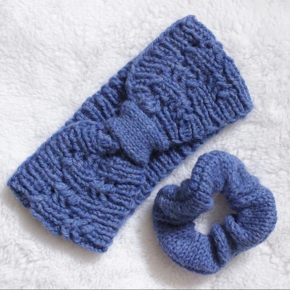 Handmade Women’s Blue Lace Knit Headband and Scrunchie Set - Picture 1 of 5